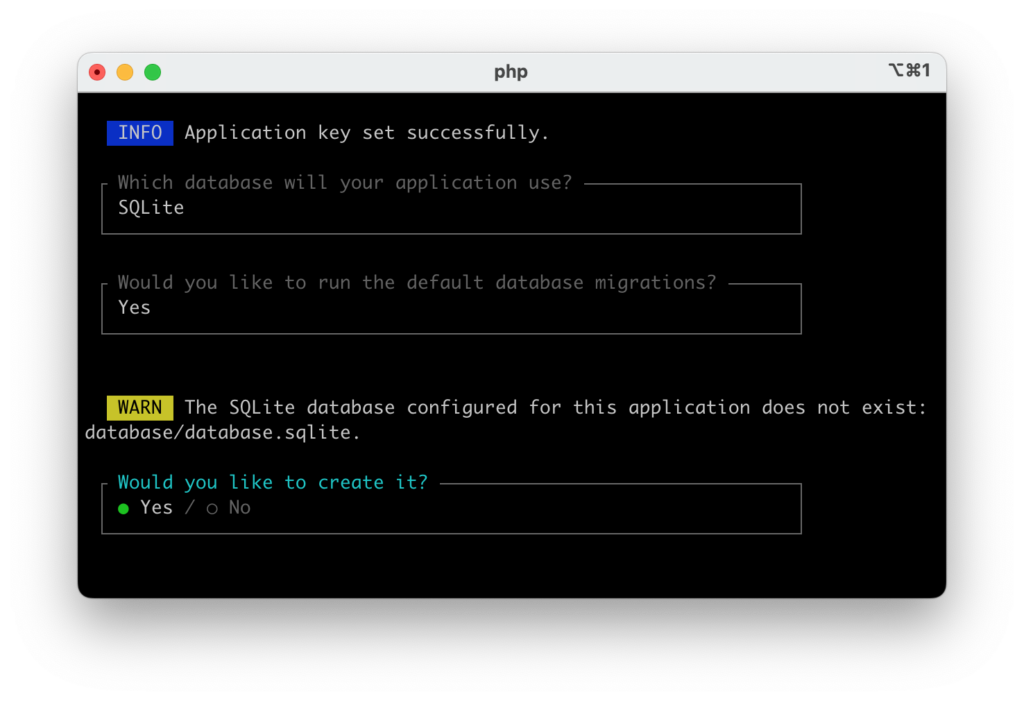 terminal install laravel new project database