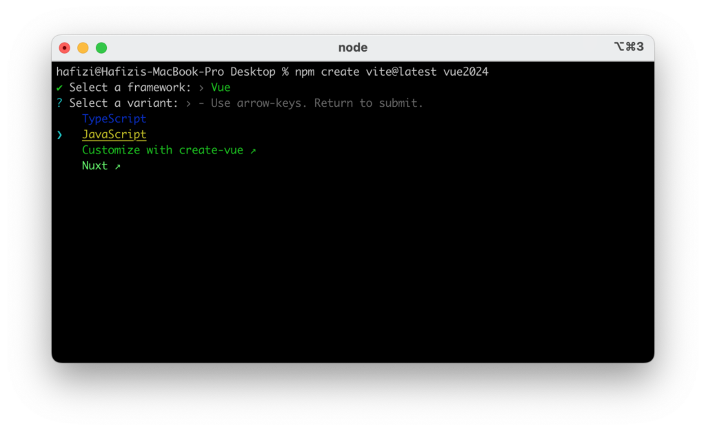 terminal select a Vue variant javascript