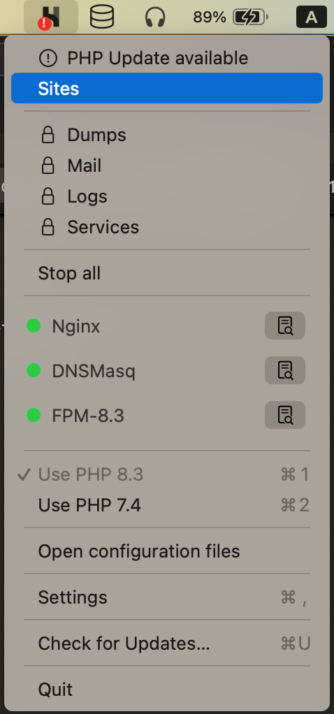 Laravel Herd menu bar