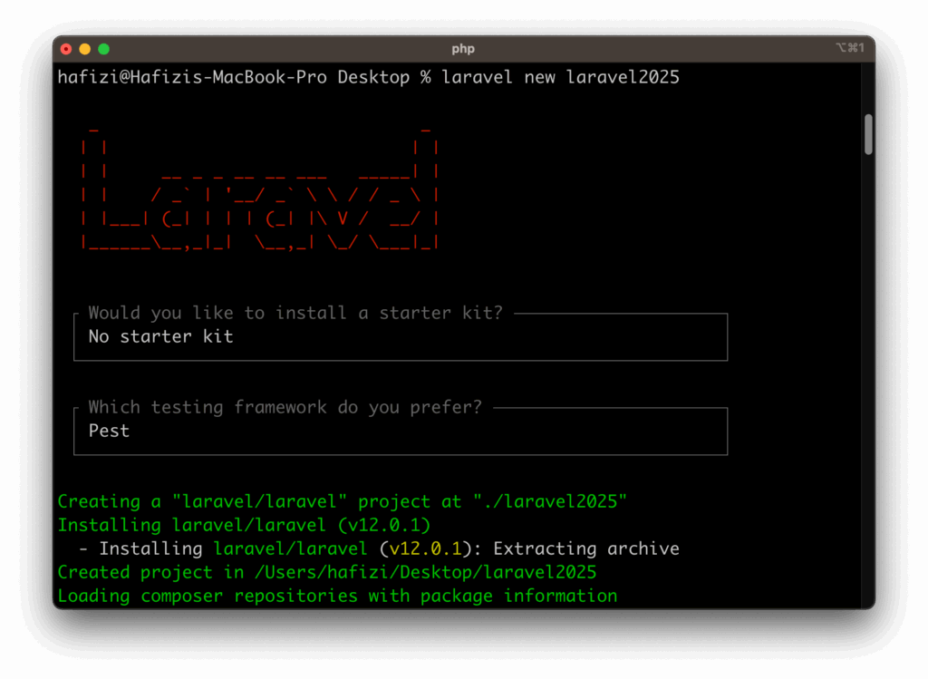 terminal install laravel new project