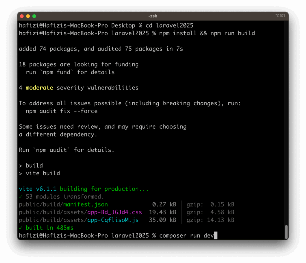 terminal install laravel composer run dev